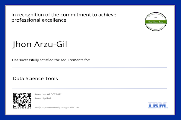 Jhon Arzu-Gils cert in Data Science Tools